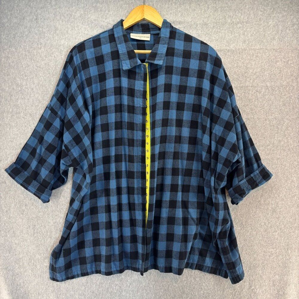 Eleven Stitch Design Medium‎ Blue Black Plaid Button-Up Shirt Lagenlook Relaxed